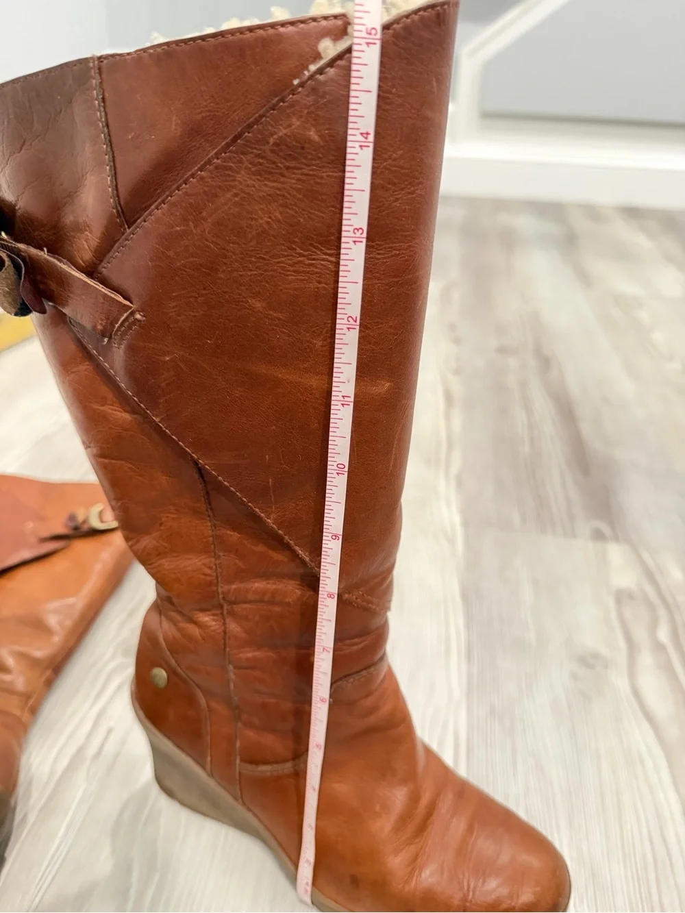 UGG Leather Tall Wedge Women’s Boots. Sherpa lined. Cognac Brown. Size 7. Used